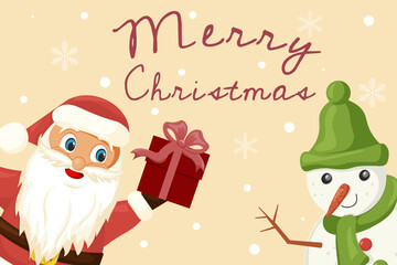 Christmas card with cute Snowman Santa Claus in cartoon style. Vector illustration