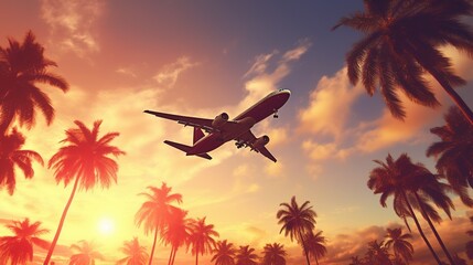 Airplane flying above palm trees in clear sunset sky with sun rays