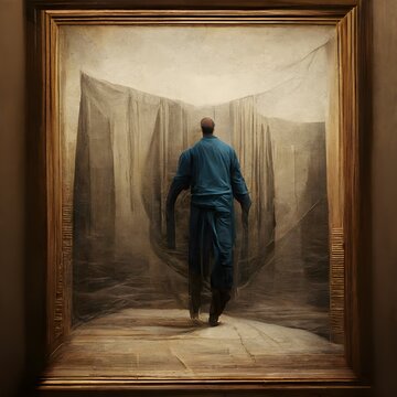 man trapped inside a painting man trying to escape stretched fabric invisible fabric beautiful frame path traced render 8k symbolism central 