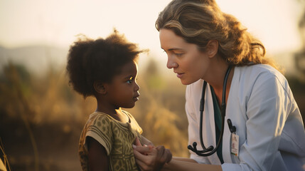 Female doctor stands next to an African child against the backdrop of a wasteland. - obrazy, fototapety, plakaty