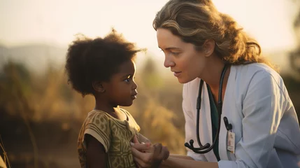 Fotobehang Female doctor stands next to an African child against the backdrop of a wasteland. © MP Studio