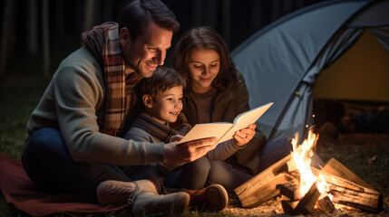Obraz premium Parent reads a book to a child while camping in a tent in the countryside