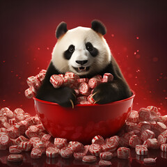  a panda sitting in a large red bowl filled with wrapped candies