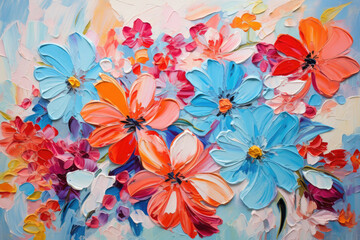 Fototapeta na wymiar Bright, textured floral art with dominant blue and orange blooms. Rich palette knife details capture the essence of spring, perfect for interior designs.