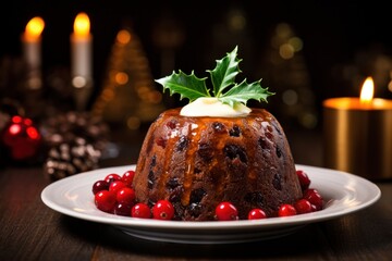 Delicious traditional Christmas Pudding or fruit cake for festive holiday. Close up. British cuisine. Dark background with lights garland.