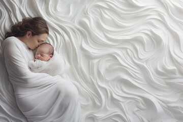Beautiful young mother with her newborn baby sleeping on a white blanket. - obrazy, fototapety, plakaty