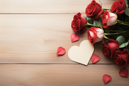 Flat lay mock up Beautiful roses, heart shapes, and an empty card on a wooden table