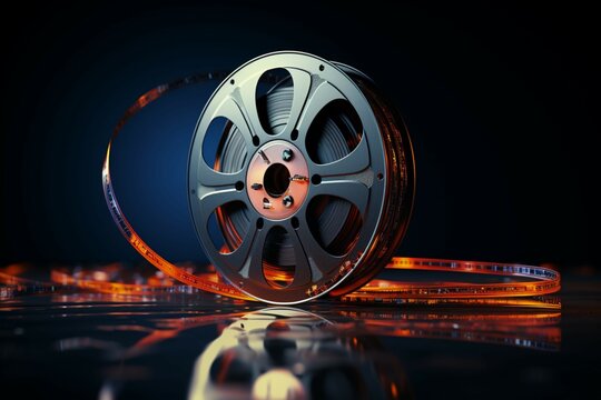 Film tapes stand out against a dramatic dark background, an emblem of cinema