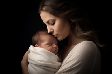 A mother is lovingly holding her newborn baby in her arms.