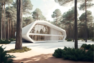 exterior shot large white marble building with gravel driveway made from natural materials in pine forest clearing long focal length wide shot simple clean lines high tech organic curved sculpted 