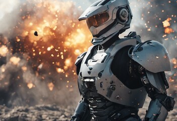 Robotic man in a battle, cinematic explosions - 660963263