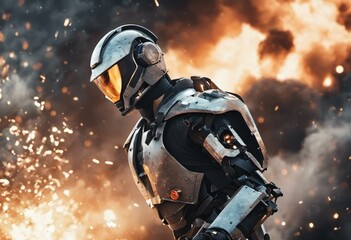 Robotic man in a battle, cinematic explosions - 660963267