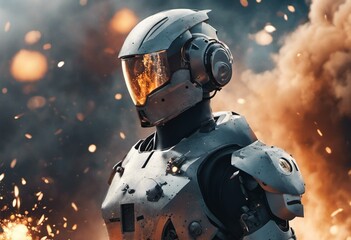 Robotic man in a battle, cinematic explosions