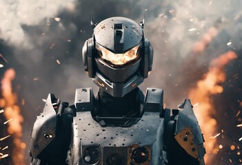 Robotic man in a battle, cinematic explosions - 660963277