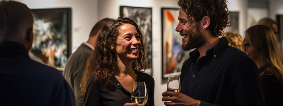 Group of people with glasses stand during an exhibition at the gallery