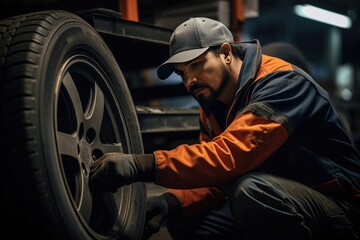 Tire shop worker changing a car wheel