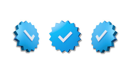 Profile verification blue check mark social media icon. Blue verified badge with checkmark sign isolated on empty background. Transparent Square image 3D illustration