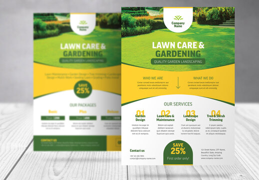 Landscape Gardening Services Lawn Care Flyer with Green and Yellow Accents