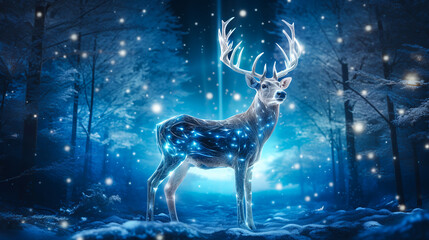Silver reindeer glowing with blue lights in snowy winter forest. Christmas fantasy scene
