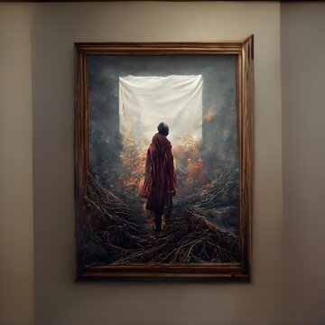 man trapped inside a painting stretched fabric invisible fabric beautiful frame path traced render 8k symbolism centralized 