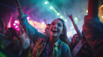 Gen z people on music festival dancing, arms on air low-light conditions