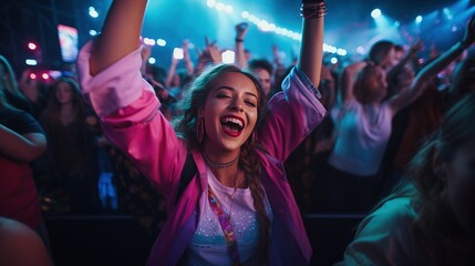 Gen z people on music festival dancing, arms on air low-light conditions - obrazy, fototapety, plakaty