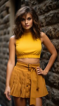 Girl dressed in a short yellow skirt, next to an old brick wall
