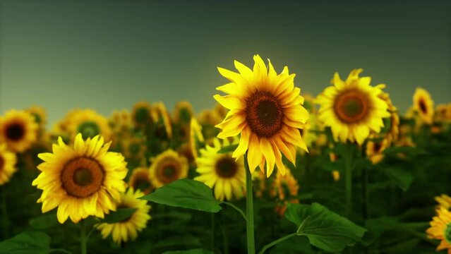 Field with yellow sunflowers at sunset in summer.