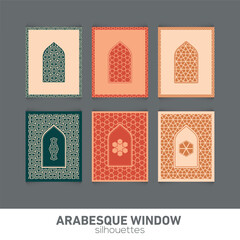 Arabesque window silhouettes. Vector symbol traditional islamic arches. Arabic traditional architecture. Ramadan Kareem design element. Geometric Ornament Arabic Pattern.