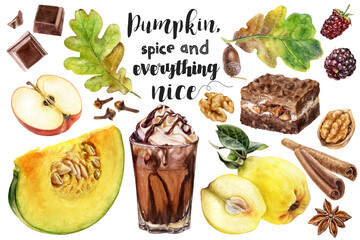 Watercolor illustration of coffee, pumpkin, fruits, leaves and desserts close up. A hand-drawn Halloween autumn set.
