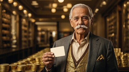 rich old man with mustache in money vault with business card in hand - obrazy, fototapety, plakaty