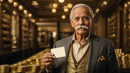 Foto op Plexiglas rich old man with mustache in money vault with business card in hand © Maksym