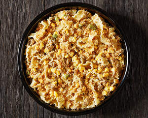 Creamy Corn Casserole with Sausage in baking dish
