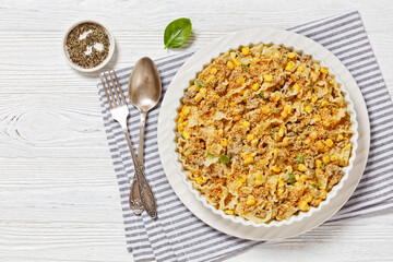 Creamy Corn Casserole with Sausage in baking dish