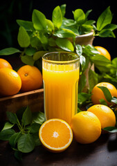 orange juice and oranges on the table