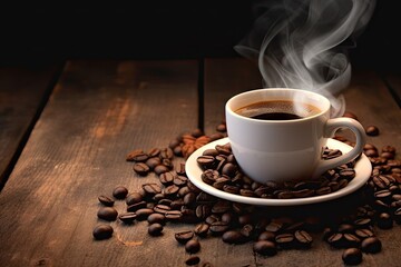 Cup of morning bliss. Steamy espresso aromas in rustic surroundings. Dark elegance. Vintage coffee cup filled with goodness. Savor flavor. Steam rising from freshly brewed