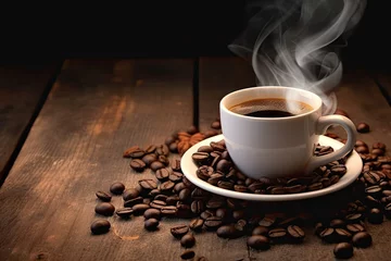 Fotobehang Cup of morning bliss. Steamy espresso aromas in rustic surroundings. Dark elegance. Vintage coffee cup filled with goodness. Savor flavor. Steam rising from freshly brewed © Bussakon