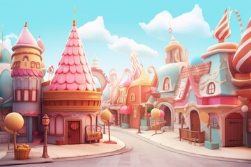 Whimsical Wonderland: A Colorful and Enchanting Cute Cartoon Candy Town with Sugary Delights and Dreamy Streets - obrazy, fototapety, plakaty