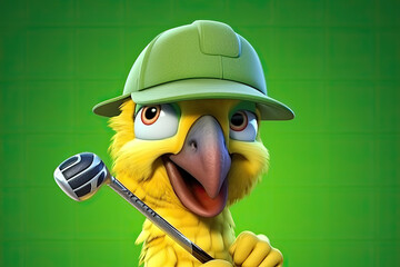 Petfluencers: The Parrot with a Swing – Soaring to Golf Championship Heights on Green Background - obrazy, fototapety, plakaty