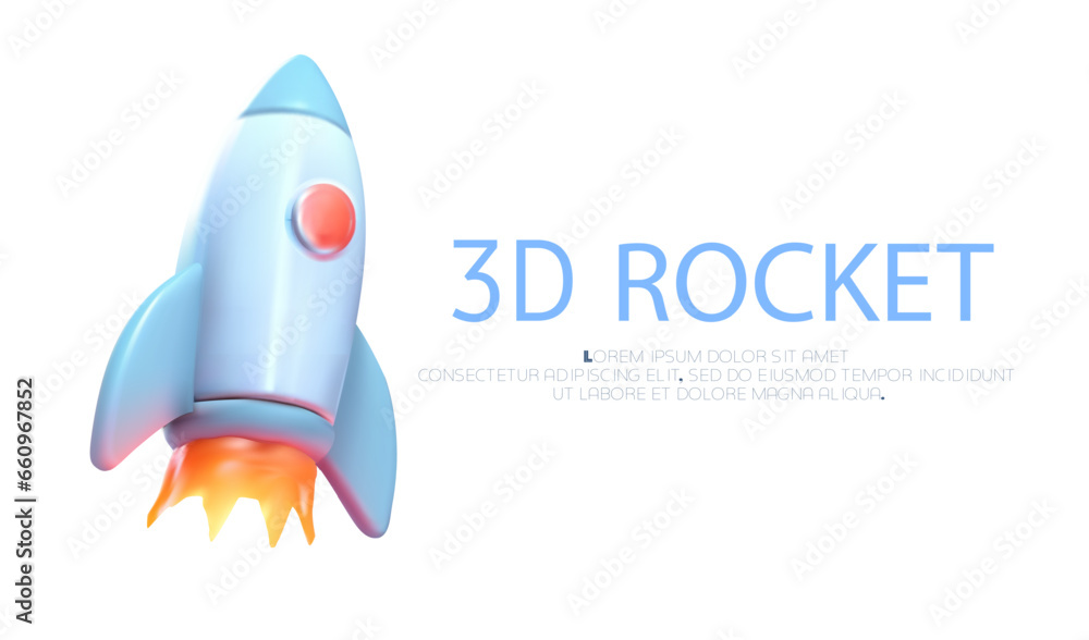 Poster 3d flying space rocket in space. startup, space, business concept. 3d vector illustration isolated o