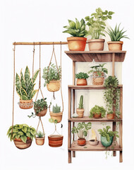 Fototapeta na wymiar shelf with the decor of figurines and plants watercolor