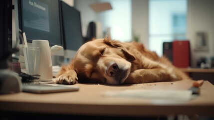 Dog sleeping in business office like tired office worker. Pet comfortably asleep on a table, humorously reflecting the exhaustion and boredom often experienced by employees in a corporate environment