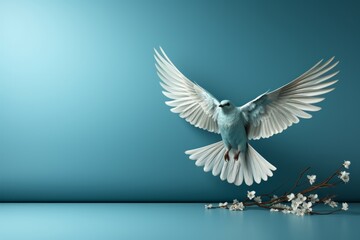 Conceptual art depicting a paper bird in flight against a minimalist blue background, evoking a sense of freedom and tranquility, Generative AI