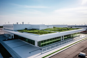 A white concrete industrial building with a green roof, for offices, with windows on the side, in the style of futuristic