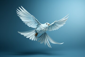 Obraz premium Conceptual art depicting a paper bird in flight against a minimalist blue background, evoking a sense of freedom and tranquility, Generative AI