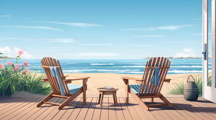 Fototapeta na wymiar Table and chairs on the beach, A beachside retreat with coastal holiday decor, Seasonal Serenity by the Sea