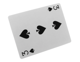 Flying playing card for poker and gambling, three spade isolated on white, clipping path
