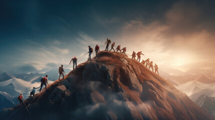 Epic image with hikers helping each other reach the mountain top, Generative AI