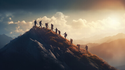Epic image with hikers helping each other reach the mountain top, Generative AI - obrazy, fototapety, plakaty