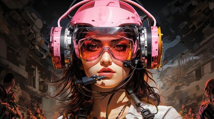 Generative AI, person in glasses, cyberpunk anime style. Light yellow and pink colors, virtual reality concept	
